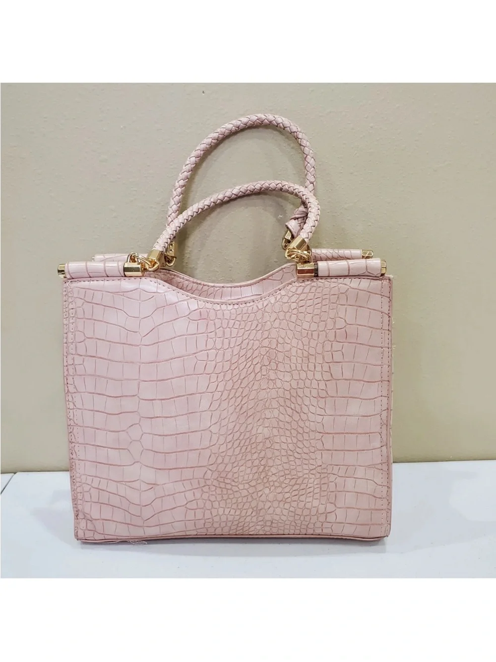 Bebe Los Angeles Light Pink Croc-Embossed Satchel with Braided Handles